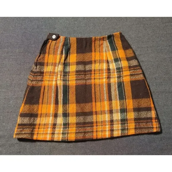 Vintage 60s Orange Brown Plaid Mini Skirt A Line Size XS Tami‎ Mod Gogo Twiggy - Picture 2 of 8